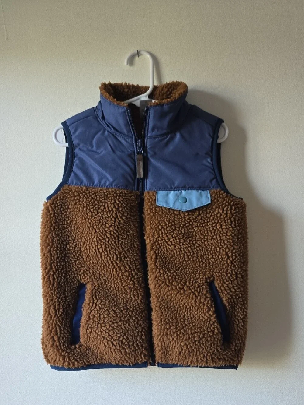 OshKosh B'gosh Brown Sherpa Vest with Blue Plaid Shirt Layer